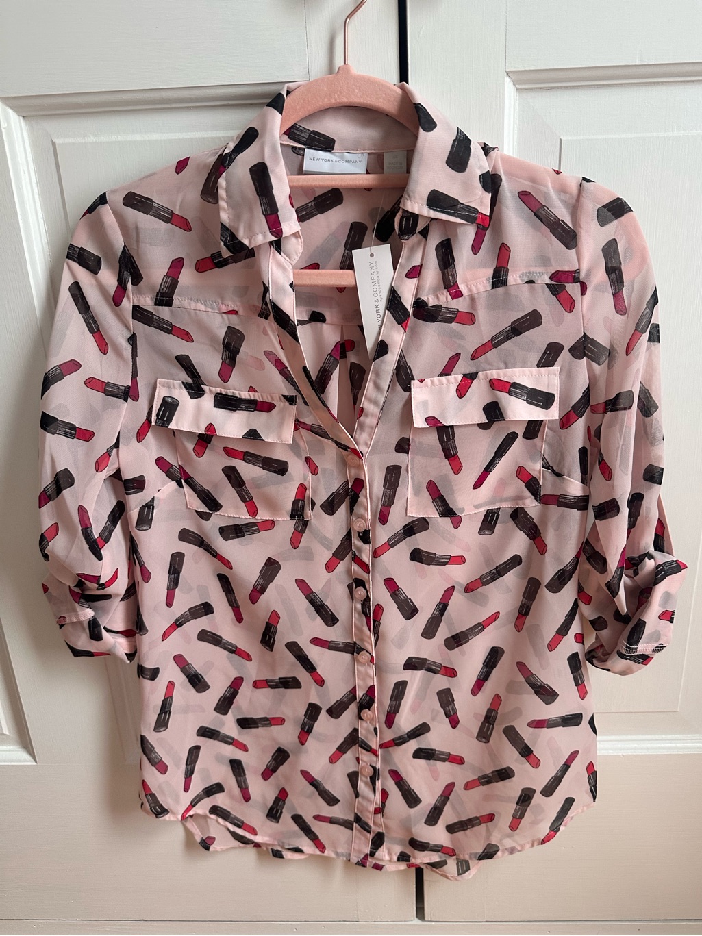 New York & Company Pink Lipstick Print Blouse